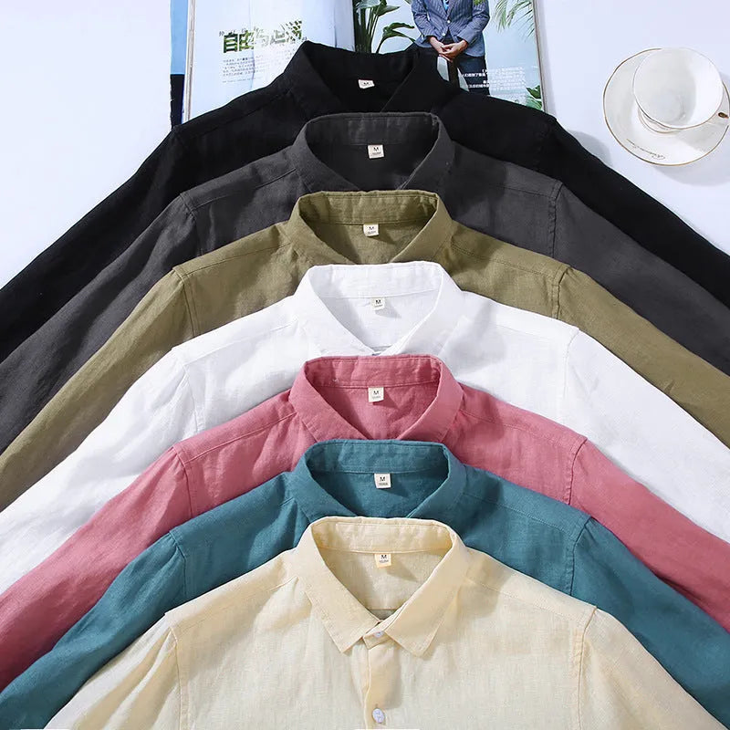Men's solid colour linen cardigan shirt on a hanger, showing long sleeves.