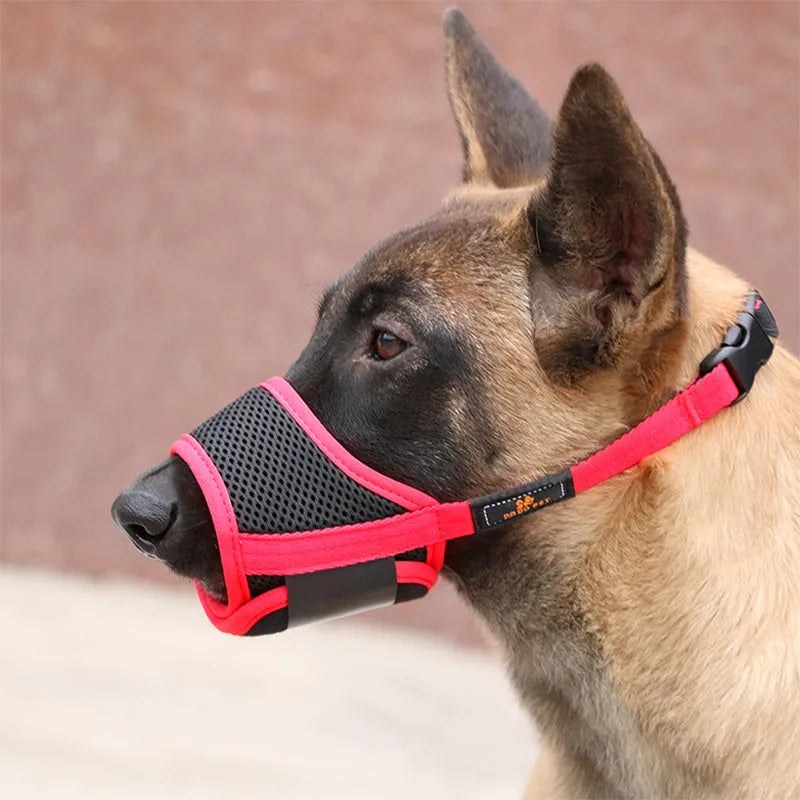 Adjustable dog muzzle mask in canvas and breathable mesh with Velcro straps and ABS grip, available in multiple colours and sizes XS to XXL.