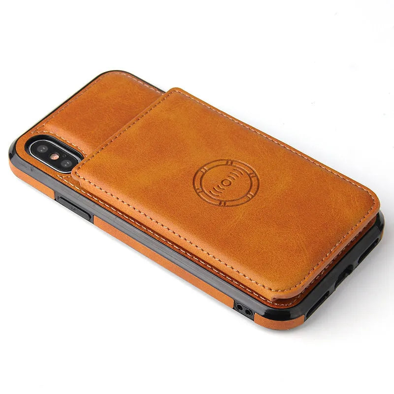 Imitation leather card wallet phone case for iPhone in black, showing card slots on the back.