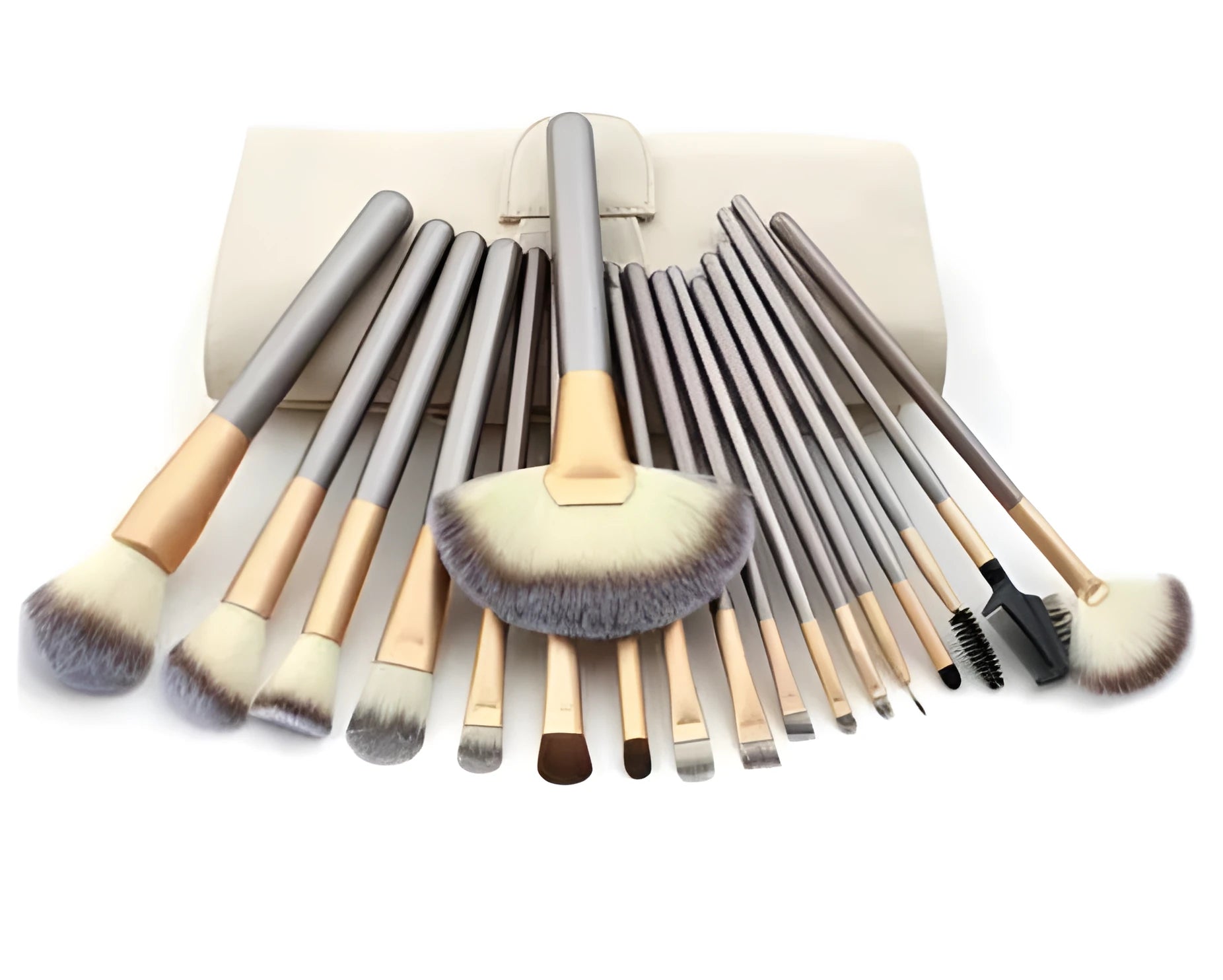 Persian makeup brush set with champagne handles and white bristles arranged in 12, 18, and 24 brush options.