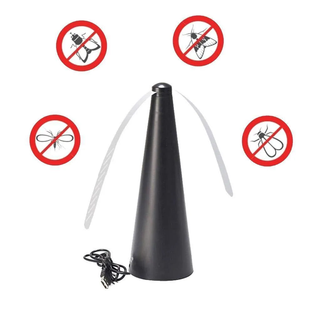 Fly repellent fan with ABS housing, 8.2x8.2x24cm, on a dining table