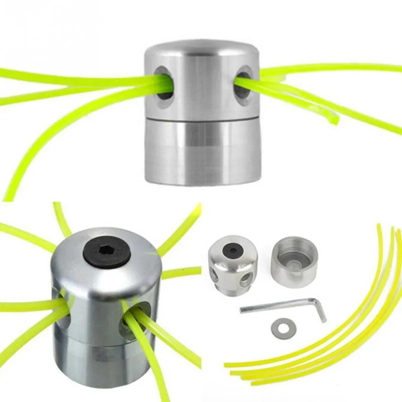 Aluminium cylinder grass trimmer replacement head with four light yellow square ropes and a wrench