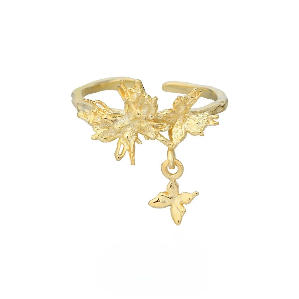 Silver butterfly ring with adjustable opening and electroplated gold finish options.