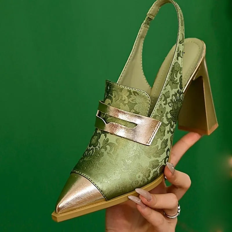 Women's black chunky heel strap sandals with pointed toe and elastic band, Korean style design.