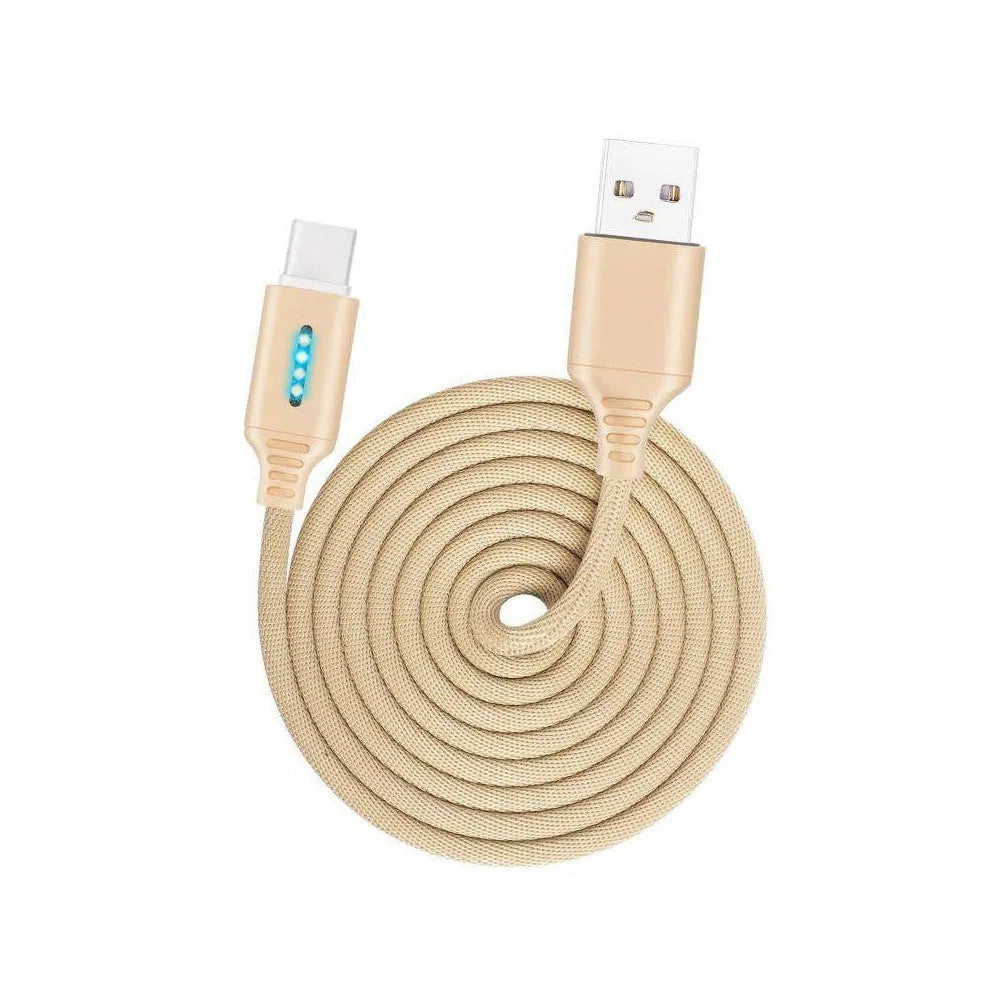 Fabric braided USB charging cable, 1 metre long, with connectors for phone and USB port.