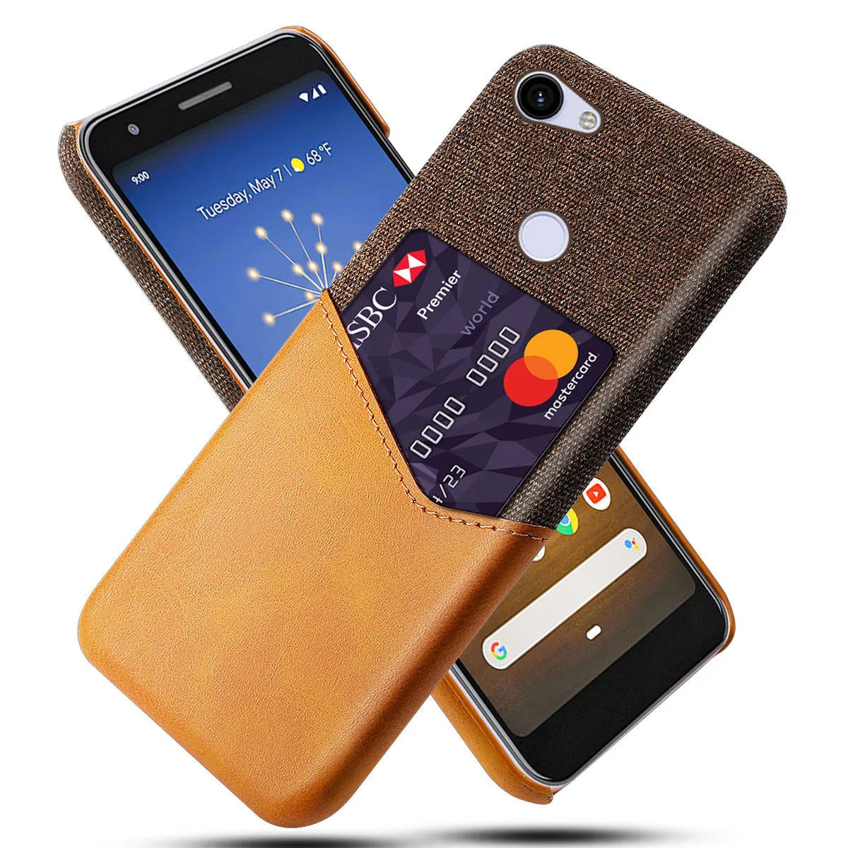 Google Pixel leather phone case in solid colours on a table.