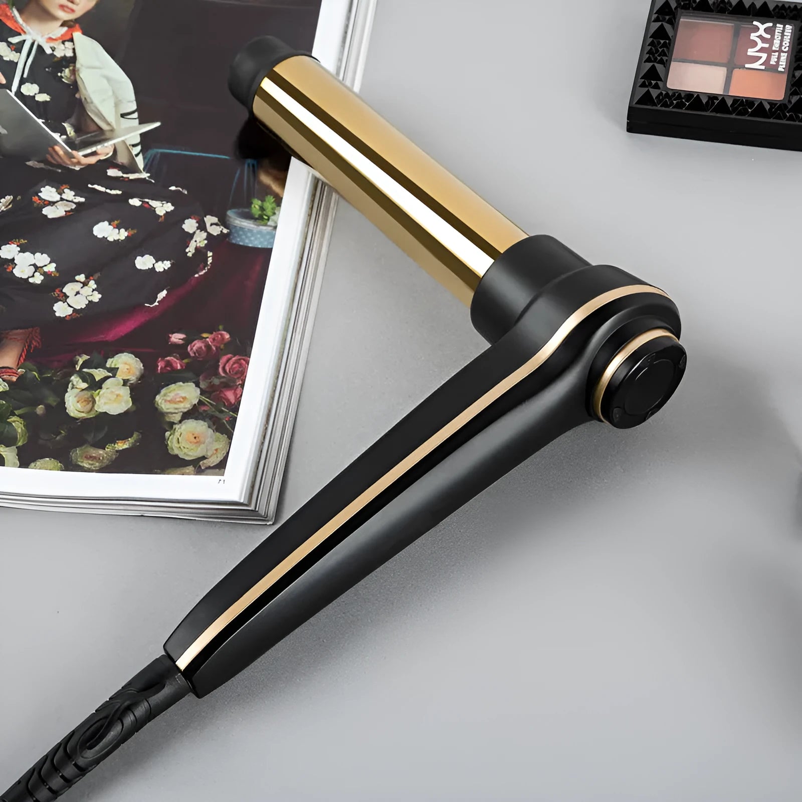 Gold aluminium alloy hair curler with LCD screen and ceramic coated heating tube