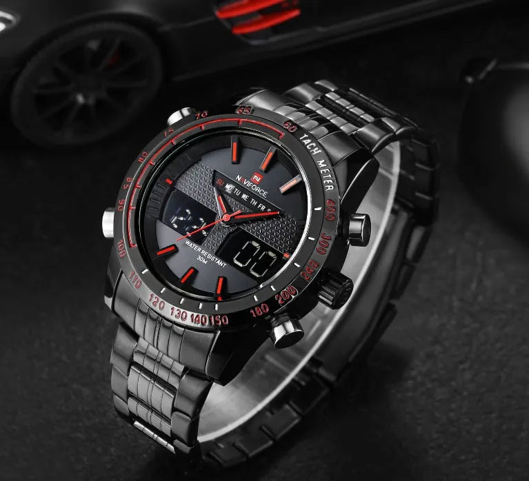 Kairos Naviforce men's sports watch with 46mm round black dial, alloy strap, and stainless steel pin buckle