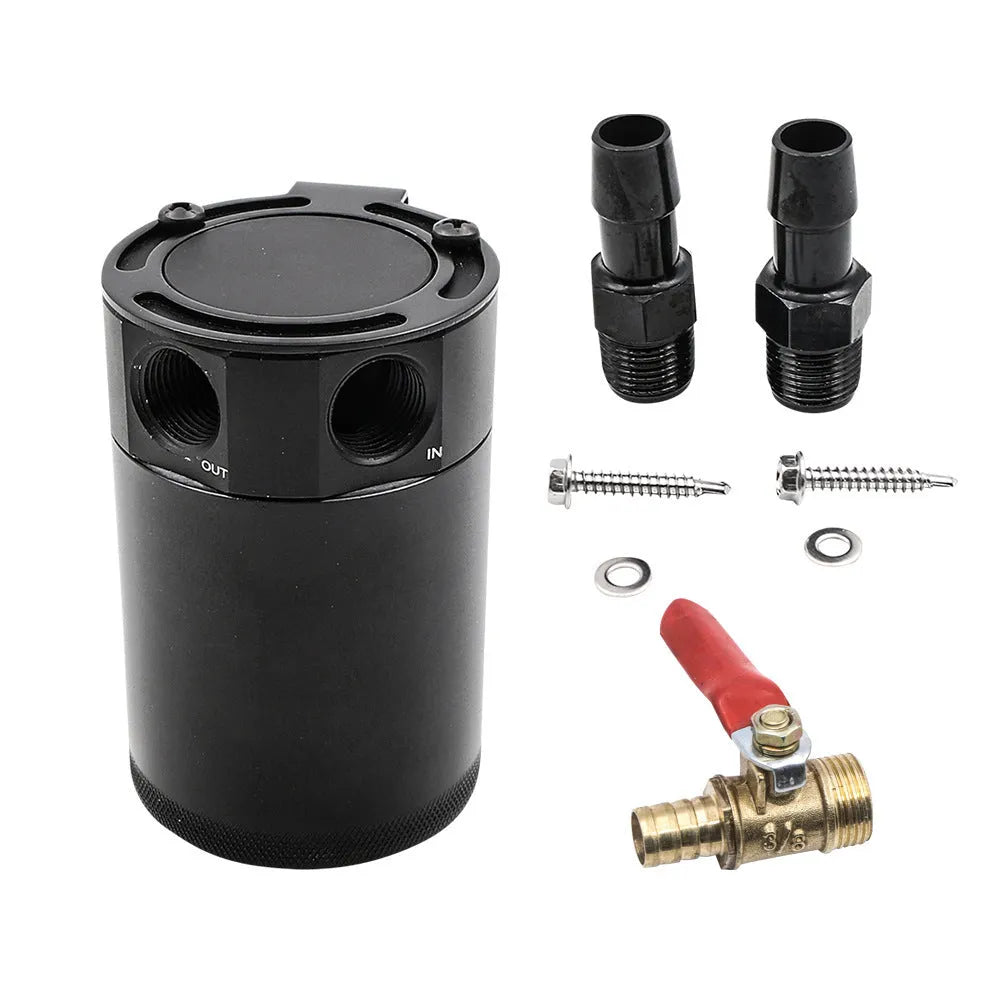 Aluminium automotive oil pot in black or silver with two-hole mounting and optional drain valve
