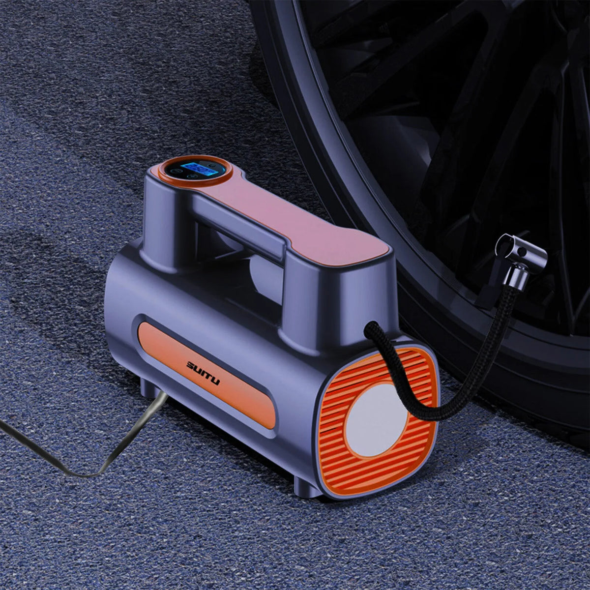 Cordless tyre inflator with digital display and LED light charging via USB