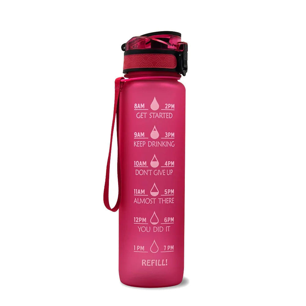 1000ml food-grade plastic sports water bottle, 29.5cm tall, in gradient blue-green colour.