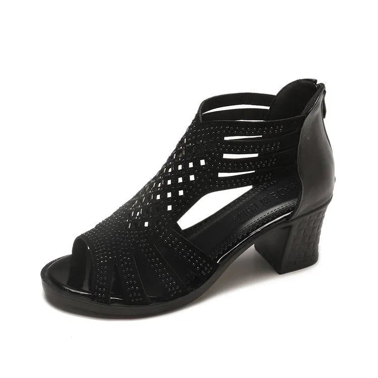Roman block heel non-slip mother shoes in black with fish mouth toe and thick block heel