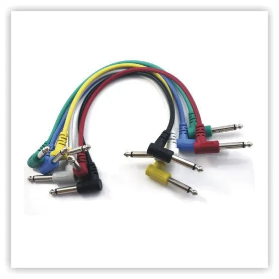 Set of six coloured electric guitar effector cables for effects pedals and audio connections