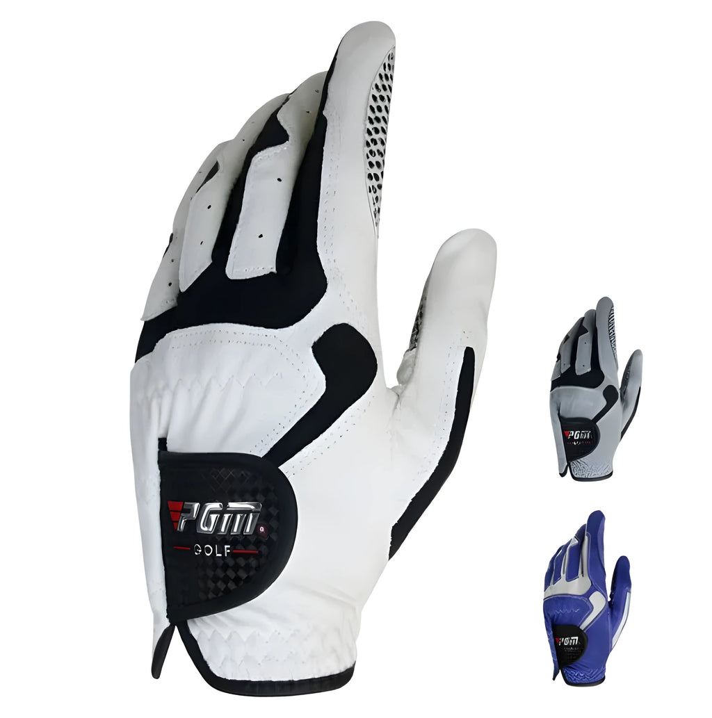 Blue golf microfiber glove with split fingers and anti-skid particles