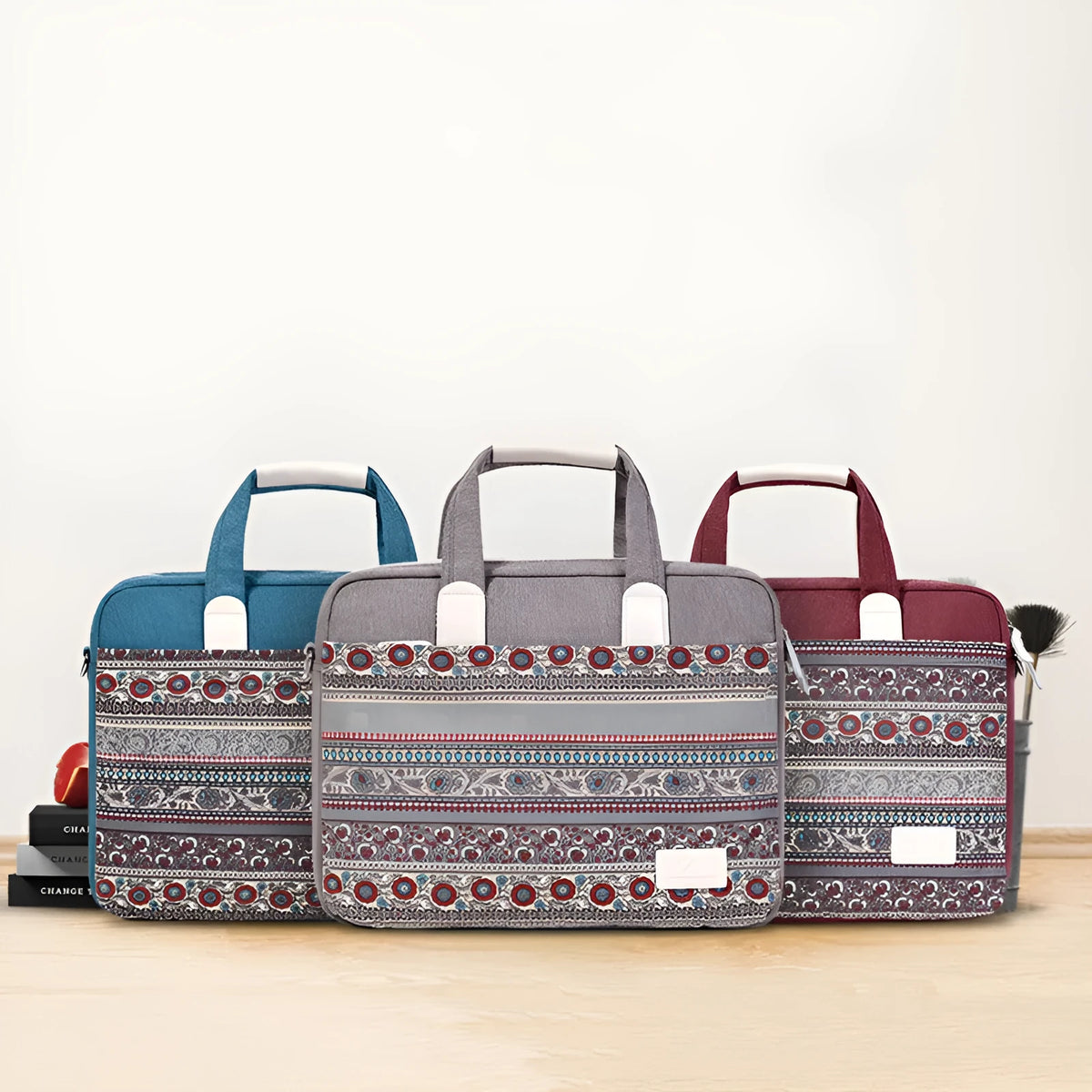 Ethnic style canvas laptop bag for 15.6 inch notebook with zip pocket and document bag in light grey