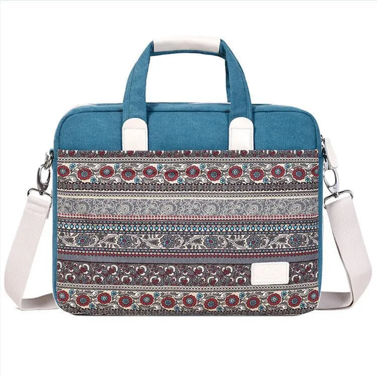 Ethnic style canvas laptop bag for 15.6 inch notebook with zip pocket and document bag in light grey