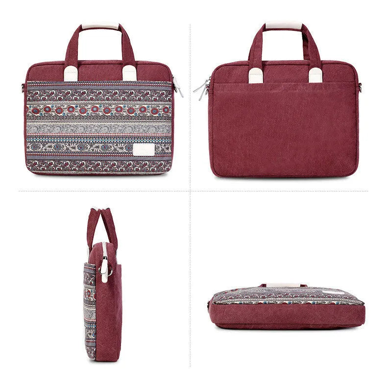 Ethnic style canvas laptop bag for 15.6 inch notebook with zip pocket and document bag in light grey