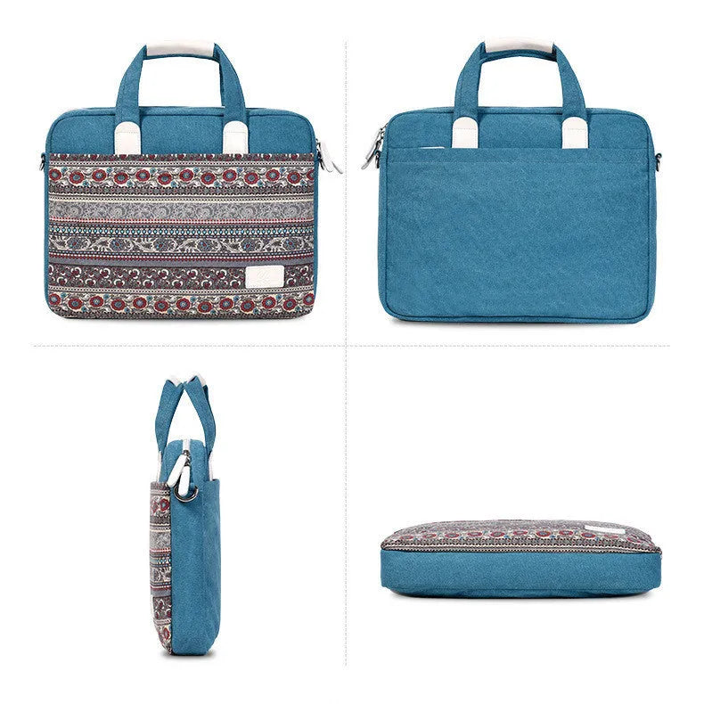 Ethnic style canvas laptop bag for 15.6 inch notebook with zip pocket and document bag in light grey