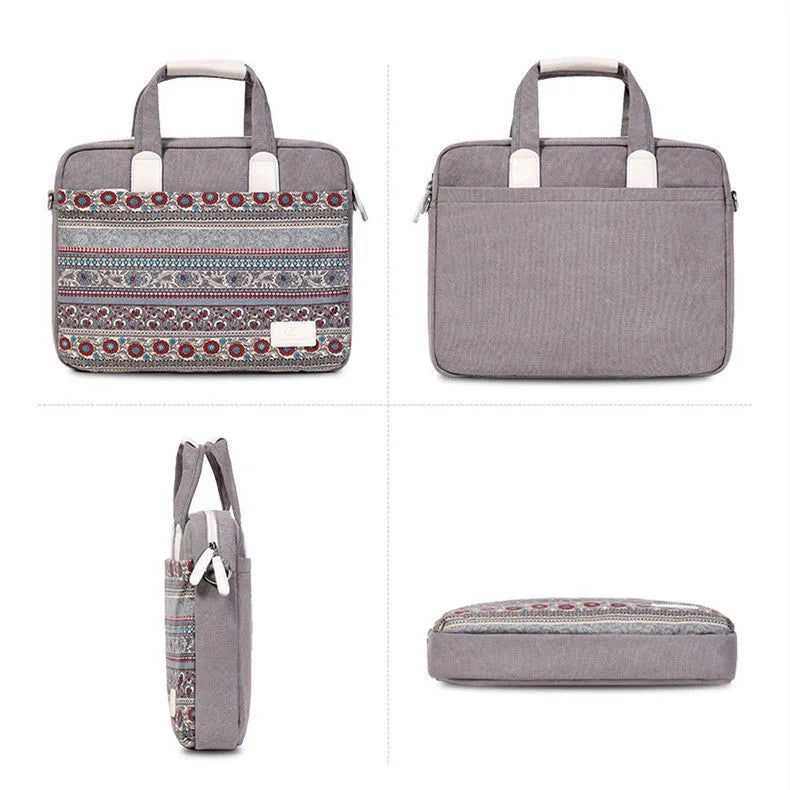 Ethnic style canvas laptop bag for 15.6 inch notebook with zip pocket and document bag in light grey