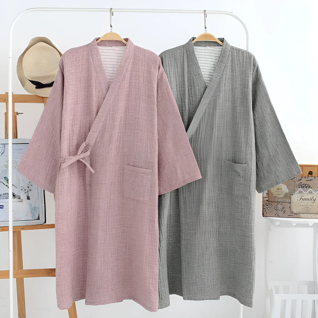 Men's cotton gauze kimono bathrobe in grey washed cotton with a traditional wrap-front design, shown on a hanger.