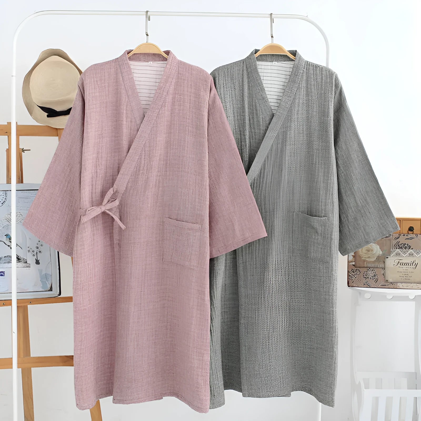 Men's cotton gauze kimono bathrobe in grey washed cotton with a traditional wrap-front design, shown on a hanger.