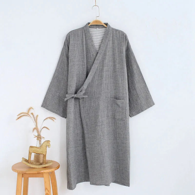 Men's cotton gauze kimono bathrobe in grey washed cotton with a traditional wrap-front design, shown on a hanger.