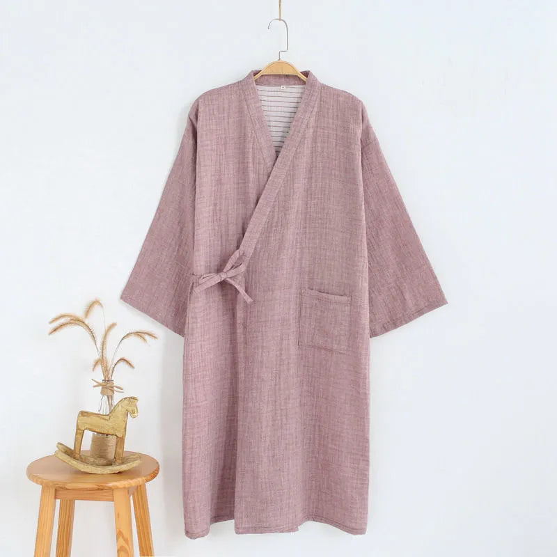 Men's cotton gauze kimono bathrobe in grey washed cotton with a traditional wrap-front design, shown on a hanger.