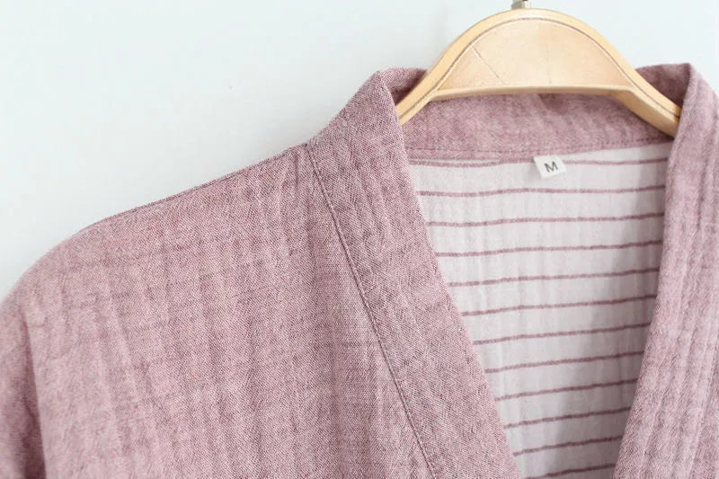 Men's cotton gauze kimono bathrobe in grey washed cotton with a traditional wrap-front design, shown on a hanger.