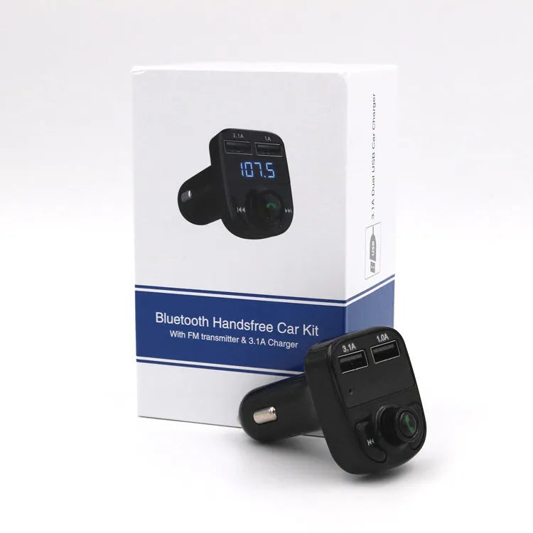 HY82 car MP3 player unit for Bluetooth audio, hands-free calls, and USB charging plugged into a car cigarette lighter.