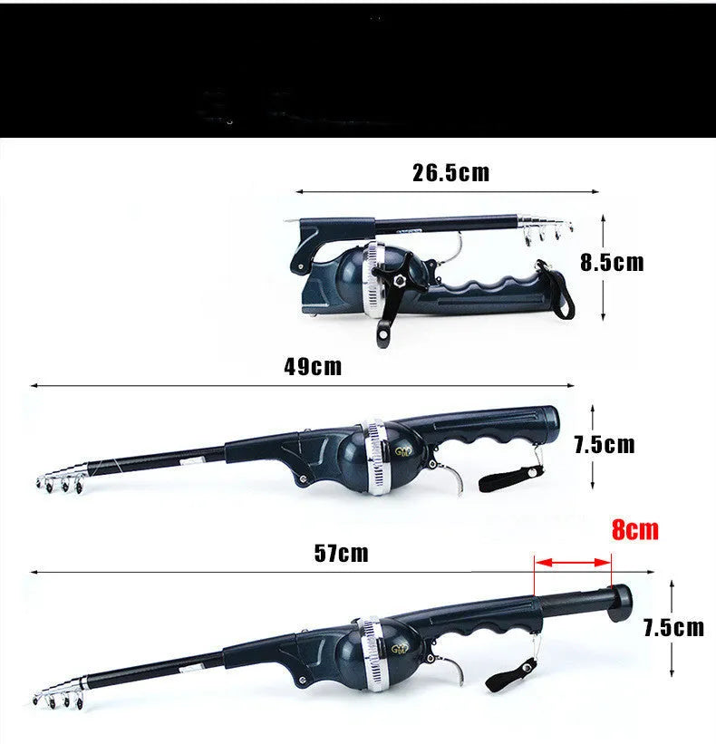 Foldable fishing rod in black with built-in reel and 3# line, shown folded to 26.5cm and extended to about 134cm.