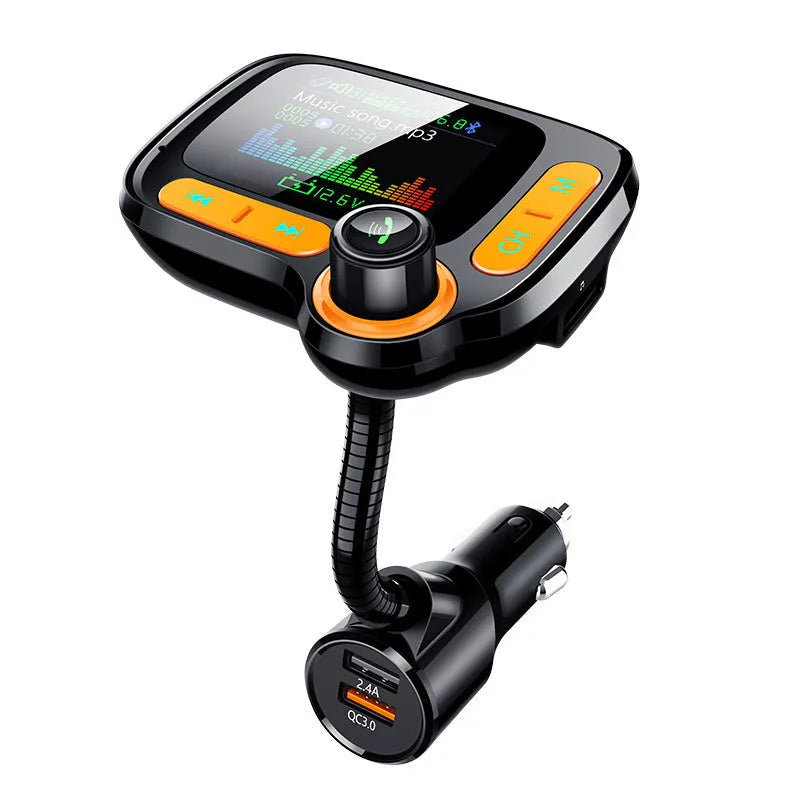 Car Bluetooth player with 1.77 inch OLED colour screen plugged into cigarette lighter with adjustable hose