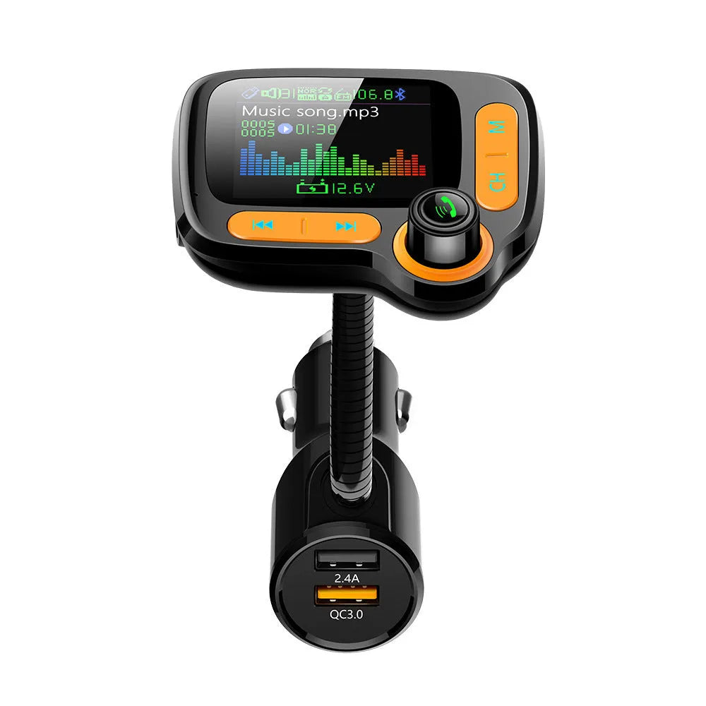 Car Bluetooth player with 1.77 inch OLED colour screen plugged into cigarette lighter with adjustable hose