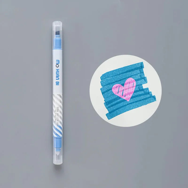Colour-changing highlighter pen in pink, red, yellow, dark blue, and light purple on a white surface.