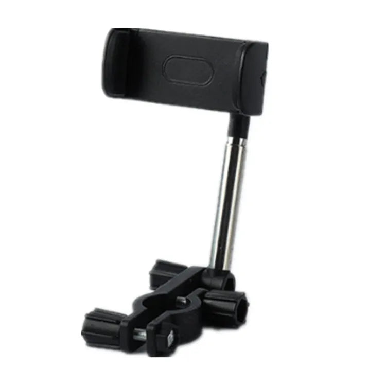 Black ABS plastic smartphone bracket mounted on car rearview mirror holding mobile phone