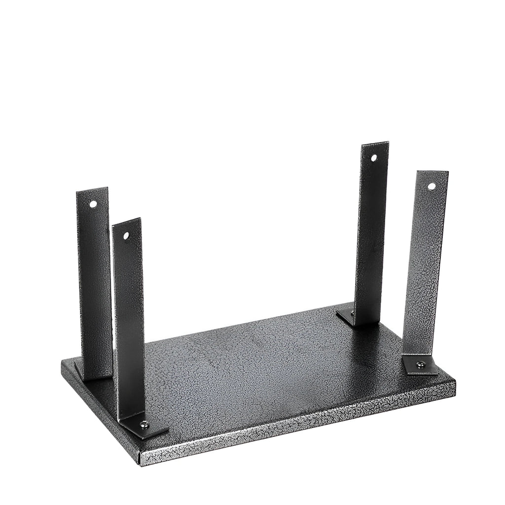 Black iron flip chip bracket for mounting an electric planer inverted on a workbench.