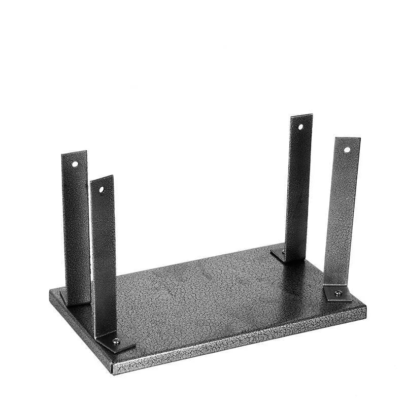Black iron flip chip bracket for mounting an electric planer inverted on a workbench.