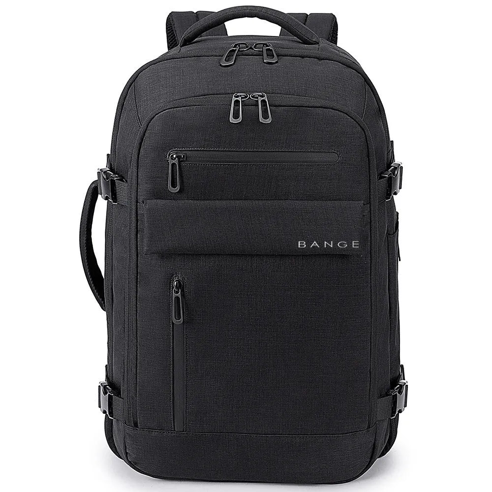 Waterproof men's computer backpack in black with Oxford cloth exterior, large capacity, and air cushion straps