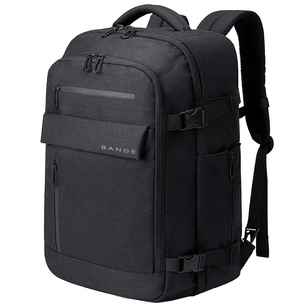 Waterproof men's computer backpack in black with Oxford cloth exterior, large capacity, and air cushion straps