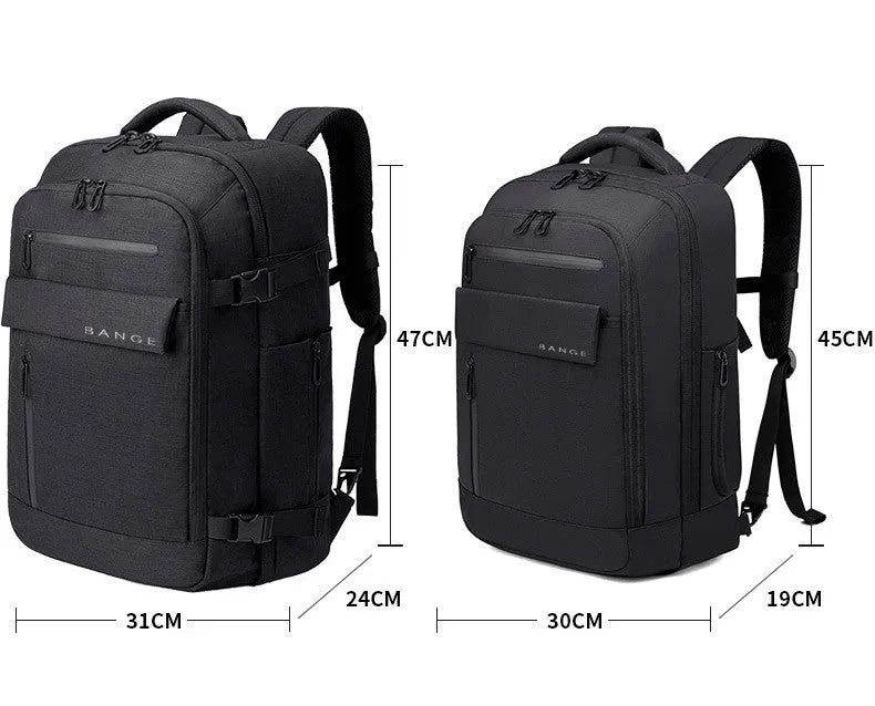 Waterproof men's computer backpack in black with Oxford cloth exterior, large capacity, and air cushion straps
