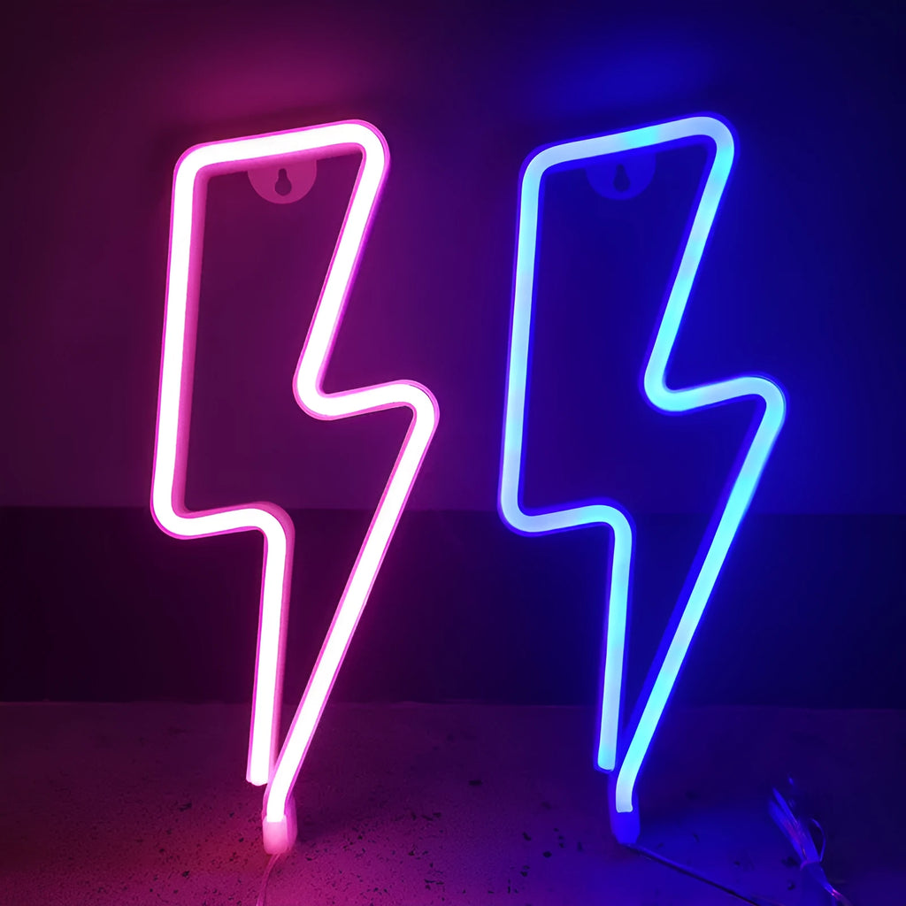 LED lightning bolt neon light, 34cm x 13cm PVC wall decoration in blue, colourful, pink, purple, red, warm light or white