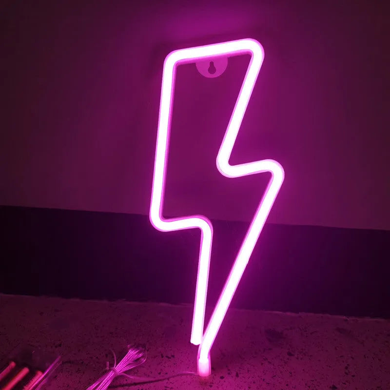 LED lightning bolt neon light, 34cm x 13cm PVC wall decoration in blue, colourful, pink, purple, red, warm light or white