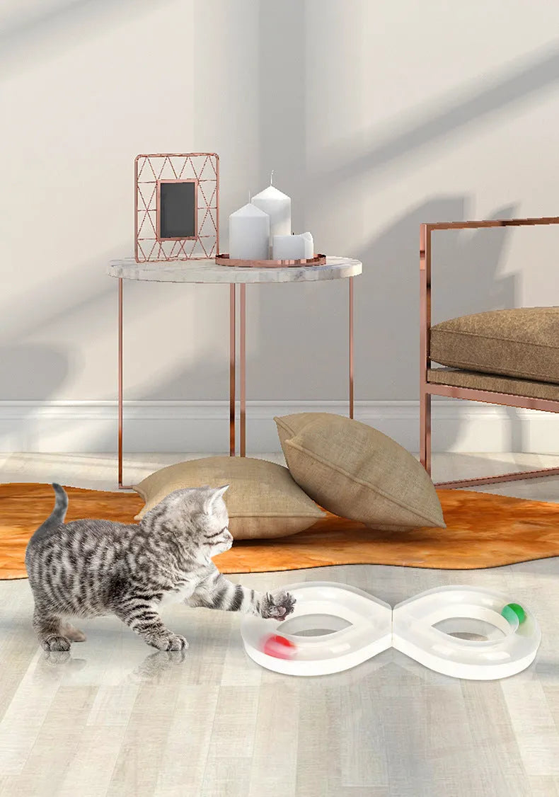 Cat toy turntable with a ball on a circular track, white and blue plastic, 50cm wide, for interactive play