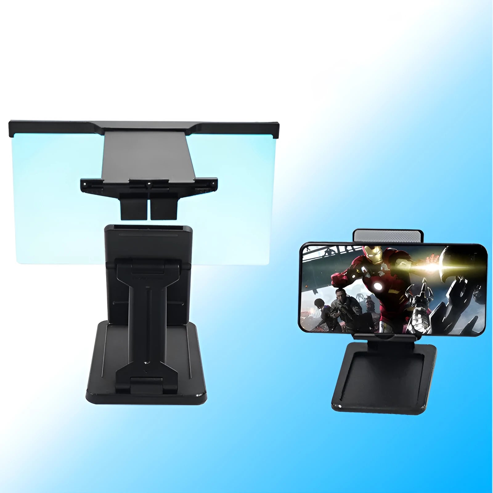 Black L20 smartphone screen magnifier with acrylic lens and separate plastic mounting bracket on a table.