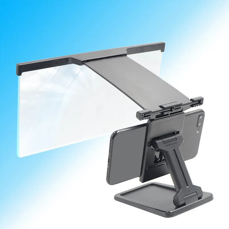Black L20 smartphone screen magnifier with acrylic lens and separate plastic mounting bracket on a table.