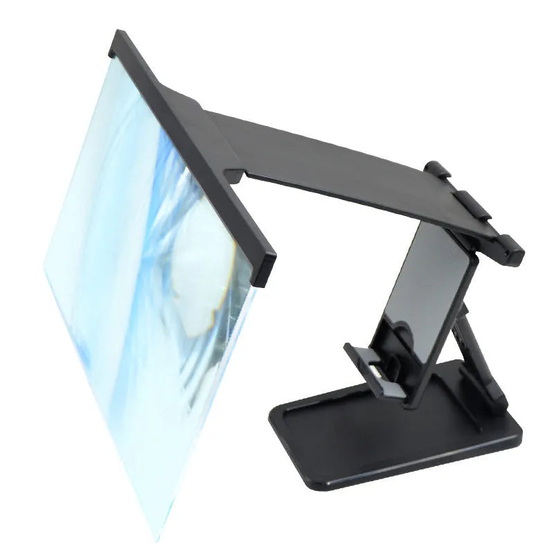 Black L20 smartphone screen magnifier with acrylic lens and separate plastic mounting bracket on a table.
