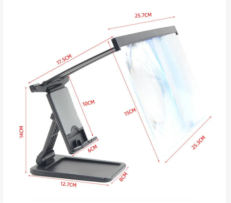 Black L20 smartphone screen magnifier with acrylic lens and separate plastic mounting bracket on a table.