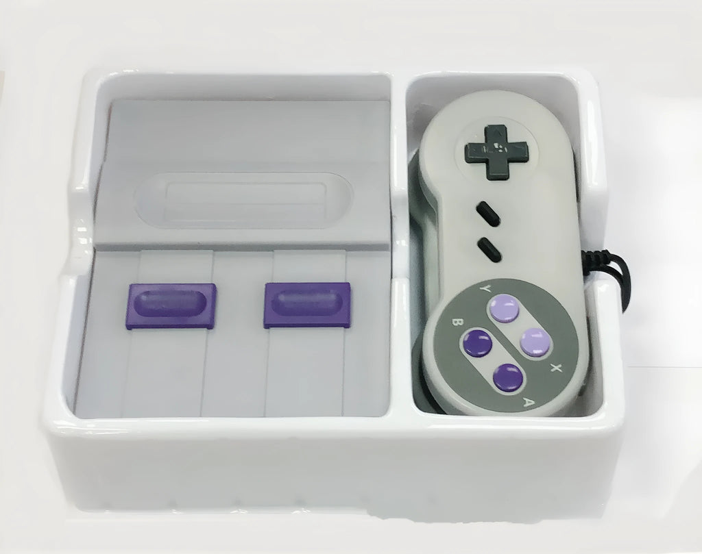 FC Red And White Classic TV Game Console SFC HD 821 in grey with two wired controllers on a table