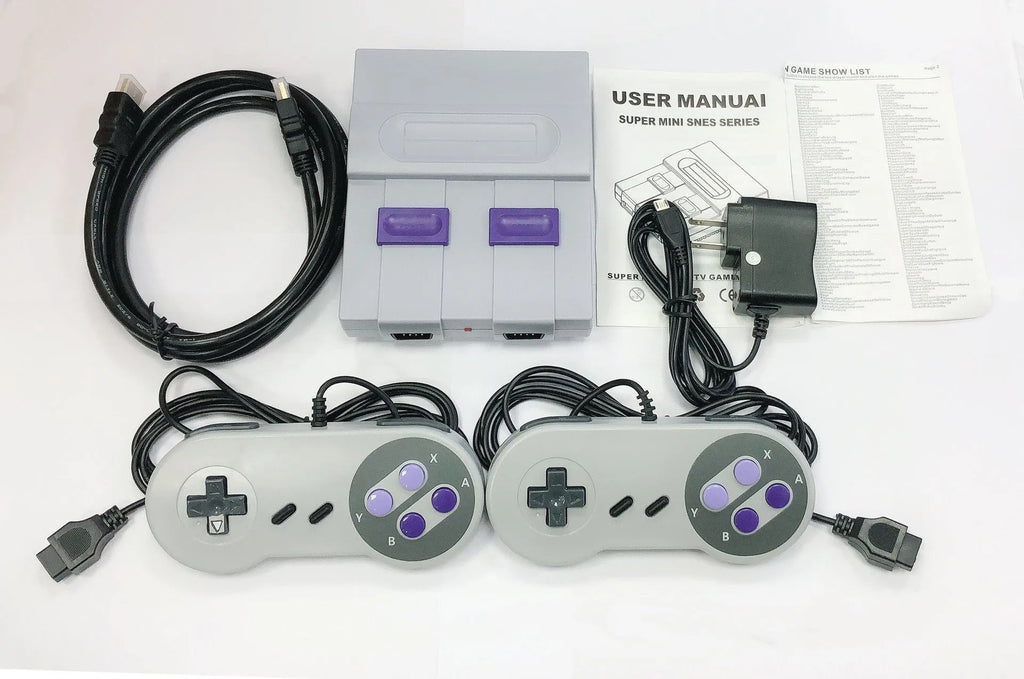 FC Red And White Classic TV Game Console SFC HD 821 in grey with two wired controllers on a table