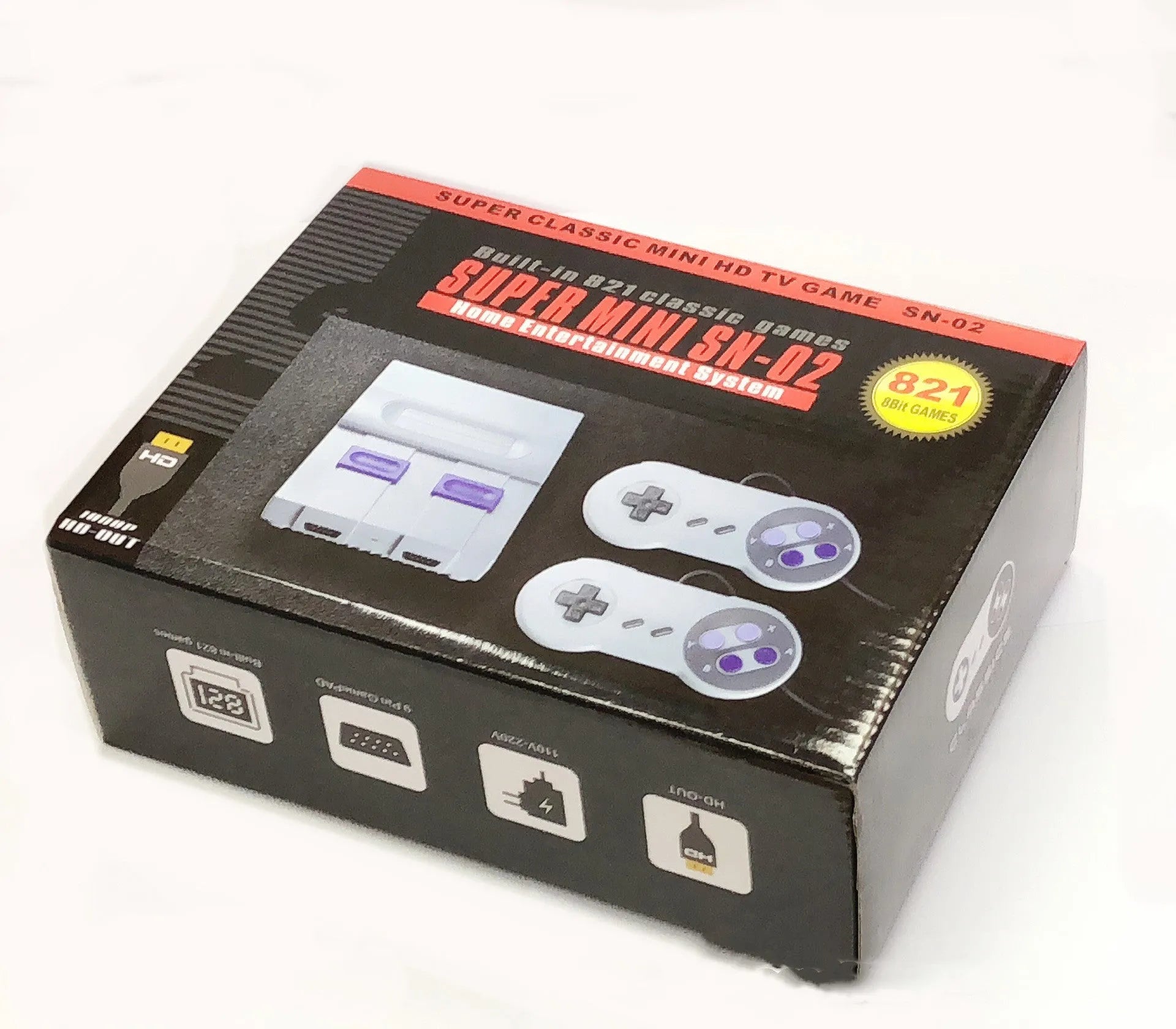 FC Red And White Classic TV Game Console SFC HD 821 in grey with two wired controllers on a table