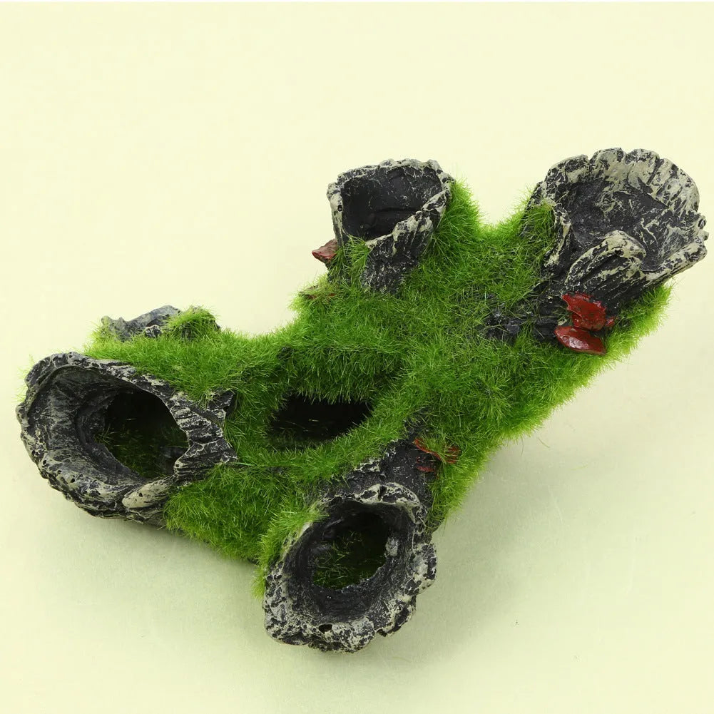 Green synthetic resin shrimp spawning tree ornament with flocking tree head for fish tank decoration